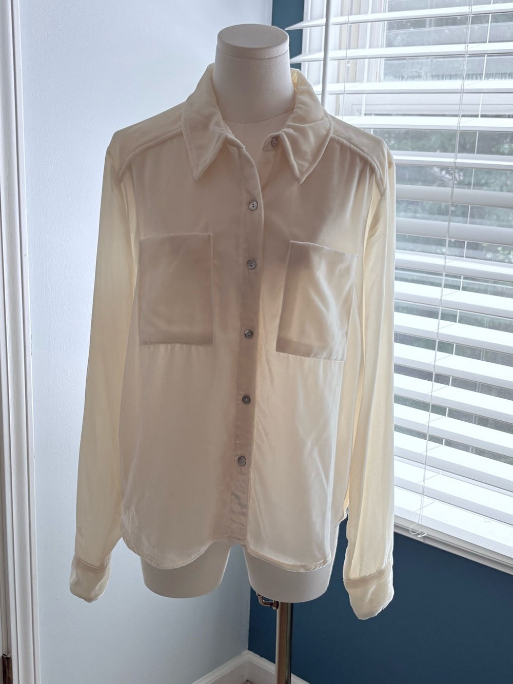 Evere Classic Cream Velvety Button-Front Women's Blouse